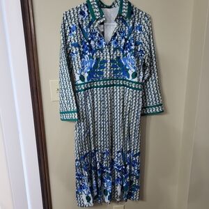 Blue & Green Floral Long Sleeve Collared Midi Dress